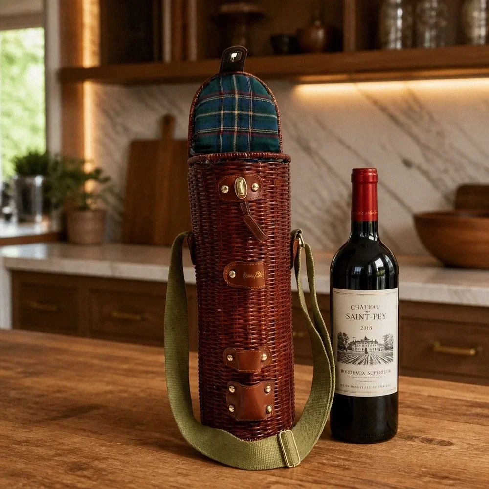 Beau Rivage Wicker Wine Bottle Carrier Insulated Plaid Lining Brown Picnic Tote